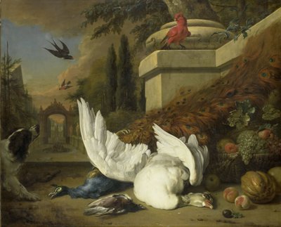 Ein Hund mit einer toten Gans und einem Pfau (Eine Studie von Wild und Früchten) von Jan Baptist Weenix