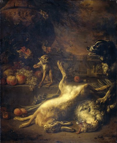 Ein Affe und ein Hund mit totem Wild und Obst von Jan Baptist Weenix