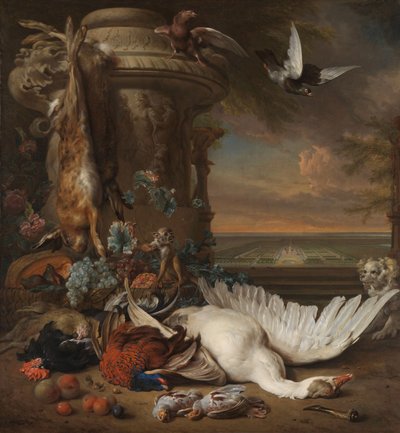 Jagdstillleben mit Früchten neben einer Gartenvase, mit einem Affen, Hund und zwei Tauben, im Hintergrund Rijksdorp bei Wassenaar, Sitz von Jacob Emmery, Baron von Wassenaar von Jan Baptist Weenix