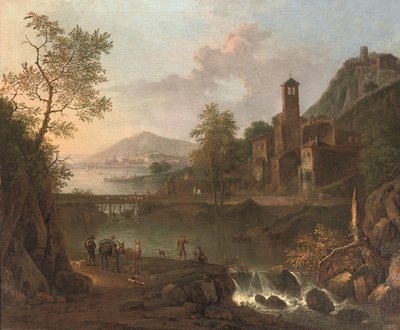 Italienische Flusslandschaft mit Maultiertreiber und Anglern, eine Hügelstadt im Hintergrund von Jan van (studio of) Huijsum