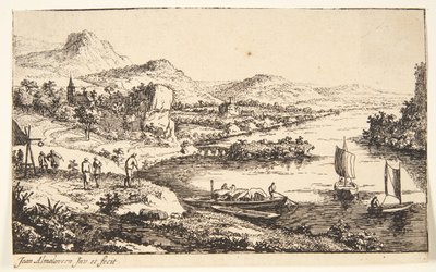 Flusslandschaft mit Reisenden, rechts ein Lastkahn und zwei Segelboote von Jan van Almeloveen