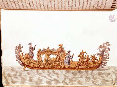 Eine königliche Gondel - Aquarellzeichnung und Tinte aus dem Manuskript „Sitten der Venezianer“ von Jan van Grevenbroeck