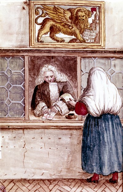 Pfandhaus. Berg der Frömmigkeit in Venedig. Aquarellzeichnung und Tinte aus dem Manuskript „Sitten der Venezianer“ von Jan van Grevenbroeck (oder Giovanni Grevembroch (Grevenbroch) (1731-1807) von Jan van Grevenbroeck