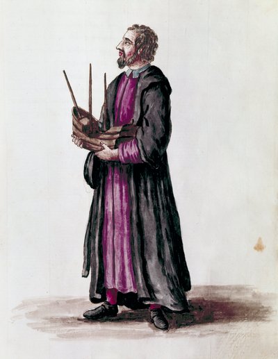 Darstellung eines Schiffbauers, er hält in seinen Händen das Miniaturmodell des Schiffes, das er gebaut hat (Detail). Aquarellzeichnung und Tinte aus dem Manuskript „Sitten der Venezianer“ von Jan van Grevenbroeck (oder Giovanni Grevembroch) (1731-1807) von Jan van Grevenbroeck