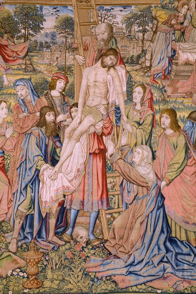 Flämischer Wandteppich. Serie Die Passion Christi: Kreuzabnahme (Detail) von Jan van Roome