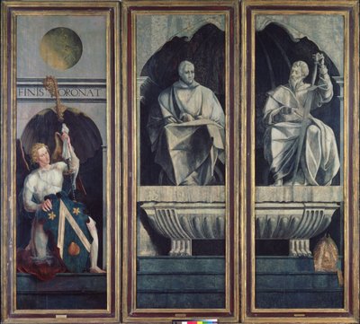 Engel präsentiert St. Stephan und St. Jakobus dem Älteren die Waffen von Jacques Coëne, Abt von Marchiennes, aus dem Polyptychon von St. Stephan und St. Jakobus dem Älteren, ca. 1541 von Jan van Scorel