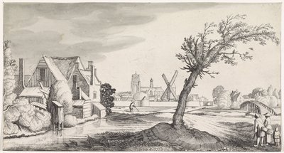 Familie bei einem Haus mit einer Stadt im Hintergrund (Playsante lantschappen ende vermakelycke gesichten) von Jan van de Velde (II)