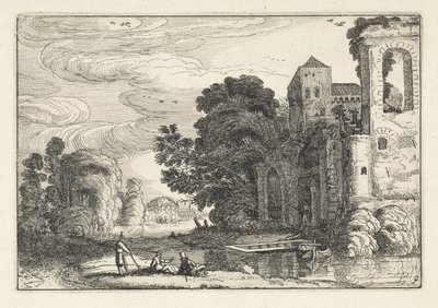 Figuren bei einem Schloss an einem Fluss von Jan van de Velde (II)