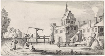 Figuren bei einer Zugbrücke vor einem Dorf mit Kirchturm von Jan van de Velde (II)