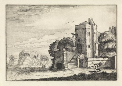 Figuren mit einem Vogelkäfig bei einem Turm in einer Landschaft von Jan van de Velde (II)