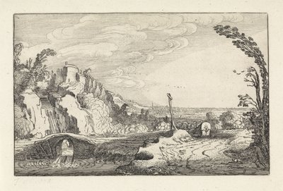 Planwagen auf einem Pfad in einer bergigen Flusslandschaft (Serientitel: Landschaften) von Jan van de Velde (II)