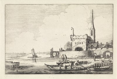 Fähre mit Vieh bei einer Festung in einer Flusslandschaft (Serientitel: Landschaften) von Jan van de Velde (II)