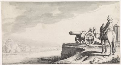 Reiter und zwei Soldaten bei einer Kanone am Flussufer von Jan van de Velde (II)