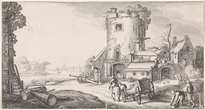 Soldaten bei einem Turm in einer Flusslandschaft von Jan van de Velde (II)