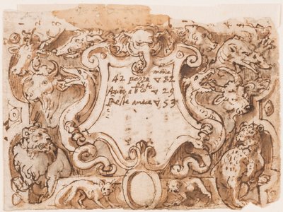 Recto: Vorentwurf für die Titelseite der Druckserie Venationes Ferarum Arium Piscium; Verso: Notizen von Stradanus über Zahlungen an einen Schneider von Jan van der Straet, called Stradanus