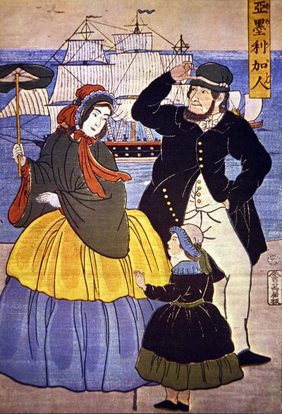 Europäische Familie an der Hafenfront von Yokohama, gemalt von einem japanischen Künstler im Jahr 1861 von Japanese School