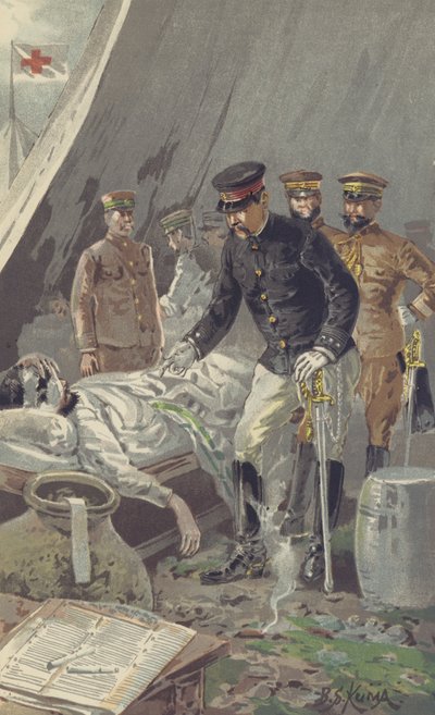 Prinz Fushimi tröstet einen verwundeten Soldaten nach der heftigen Schlacht von Nanshan von Japanese School