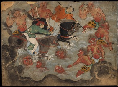 Berittene Soldaten kämpfen gegen Dämonen, Illustration aus dem 