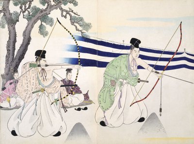 Adlige üben Bogenschießen (Detail), 19. Jahrhundert, aus einem Album von Holzschnitten von Japanese School