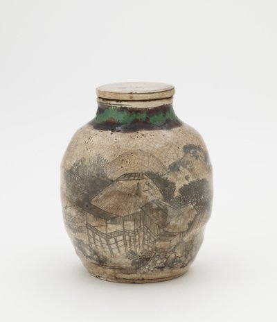 Teeblattkrug für Sencha, mit passendem Deckel, Kyoto-verwandte Ware, Teeblattkrug (Sencha Tsubo) von Japanese School