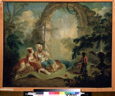 Orientalismus: Türkischer Pascha und Odaliske auf einem Teppich liegend, sie werden von einem schwarzen Diener bedient. Gemälde von Jean Baptiste Hilaire (1753-ca. 1822) Puschkin-Museum, Moskau von Jean Baptiste Hilaire