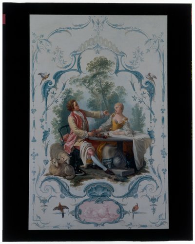 Zwei dekorative Paneele mit Liebespaaren mit den Titeln "Das Picknick" und "Der Toast" von Jean Baptiste Huet