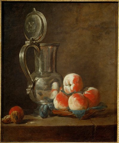 Zinnkrug mit Teller voller Pfirsiche, Pflaumen und Nuss von Jean-Baptiste Simeon Chardin