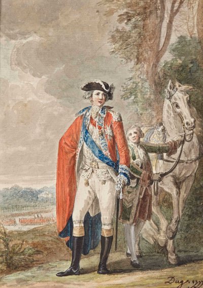 Der Graf von Artois in Uniform (1757-1836), ein Diener hält sein Pferd von Jean-Desmosthene Dugourc