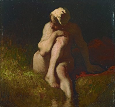 Nacktes Bauernmädchen an der Böschung eines Baches sitzend von Jean-Francois Millet