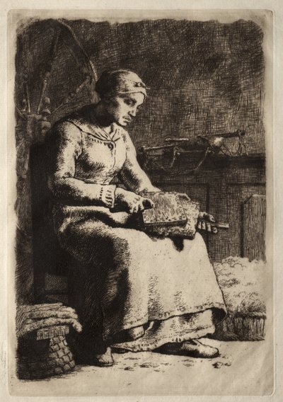 Frau beim Karden von Wolle von Jean-Francois Millet
