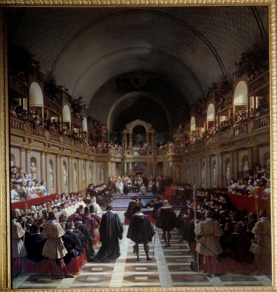 Die Generalstände von Paris am 27. Oktober 1614. Die Versammlung fand im Louvre statt, König Ludwig XIII. präsidierte zusammen mit seiner Mutter Marie de Medici. Gemälde von Jean Alaux (1786-1864), genannt der Römer von Jean Alaux