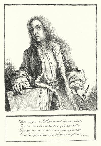 Selbstporträt des französischen Künstlers Antoine Watteau (Stich) von Jean Antoine (after) Watteau