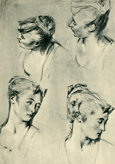 Vier Studien von Frauenköpfen, frühes 18. Jahrhundert, 1943 von Jean Antoine Watteau