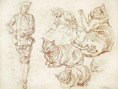 Zwei Männer und vier Katzen von Jean Antoine Watteau