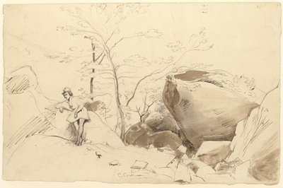 Fontainebleau, Figur, die sich gegen einen Felsen lehnt von Jean Baptiste Camille Corot