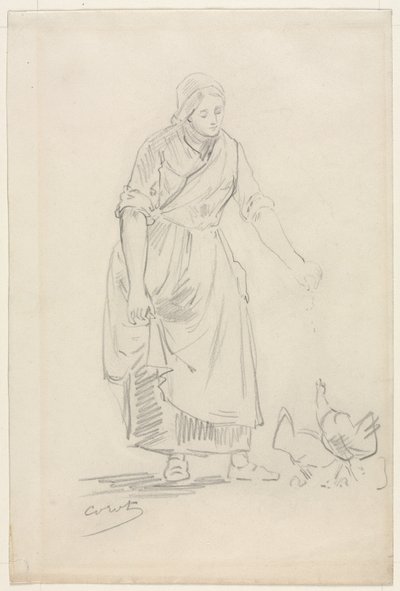 Bauernmädchen füttert Hühner von Jean Baptiste Camille Corot