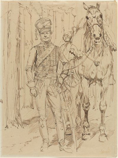 Ein französischer Husar führt ein Pferd von Jean Baptiste Edouard Detaille