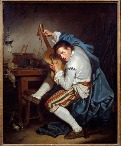 Der Gitarrist, oder ein Vogel, der nach der Jagd seine Gitarre stimmt. Gemälde von Jean Baptiste Greuze (1725-1805) 18. Jahrhundert Nantes, Musée des Beaux-Arts von Jean Baptiste Greuze