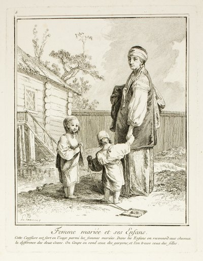 Verheiratete Frau und ihre Kinder, Platte fünf aus Divers Habillements des Peuples du Nord von Jean Baptiste Le Prince
