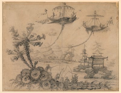 Zeichnung, Chinoiserie-Fantasie, 1770–1790 von Jean Baptiste Pillement