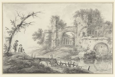 Ruine an einem Fluss mit zwei Bauern von Jean Baptiste Pillement