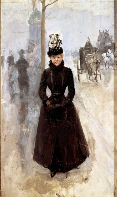 Pariserin auf dem Boulevard oder Frau mit Muff von Jean Beraud