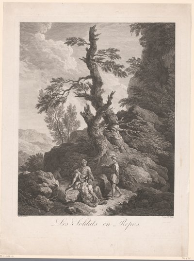 Ruhende Soldaten vor einem Baum in einer felsigen Landschaft von Jean Charles Levasseur