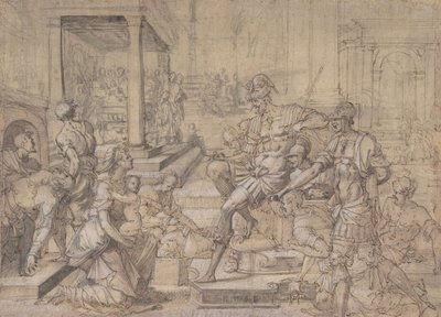 Amya bittet Faustus um das Sorgerecht für den heiligen Mamas, ca. 1543 von Jean Cousin
