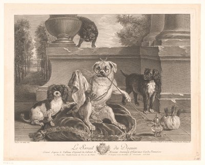 Drei Hunde, von denen einer verkleidet auf einer Terrasse ist von Jean Daullé