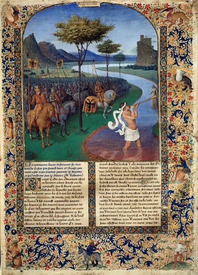 Der Übergang des Rubikon durch Julius Caesar. Der römische General Julius Caesar überquerte am 11.01.49 v. Chr. den Rubikon, der die Grenze zwischen Cisalpinien und Italien bildet. Miniatur aus „Alte Geschichte bis Caesar und Taten der Römer“ von Jean Fouq von Jean Fouquet