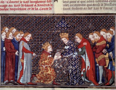Der Tribut von König Edward III. von England (1312-1377) an Philipp VI. von Valois (1294-1350), König von Frankreich, im Jahr 1330. Miniatur aus „Les grandes chroniques de France“ von Jean Fouquet (1420-1481) von Jean Fouquet