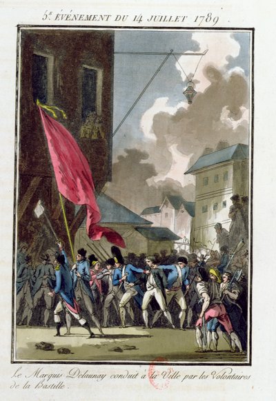 Marquis Bernard Rene Jordan de Launay (1740-89), Gouverneur der Bastille, wird am 14. Juli 1789 zum Hotel de Ville geführt von Jean Francois Janinet