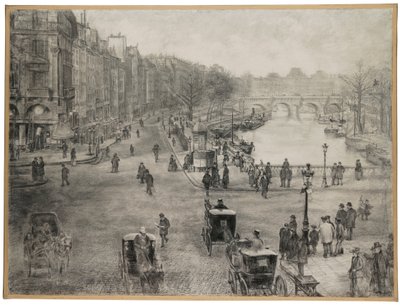 Paris, Der Platz Saint Michel mit dem Quai des Grands Augustins und der Pont Saint Michel im Vordergrund und der Pont Neuf und der Louvre im Hintergrund, ca. 1900 von Jean Francois Raffaelli