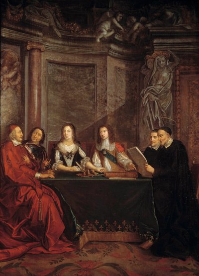 Der Rat des Gewissens: Der heilige Vinzenz von Paul, Leiter des Gewissensrates, liest vor Kardinal Jules Mazarin, Pierre Seguier, Königin Anna von Österreich und Ludwig XIV. von Jean François de Troy